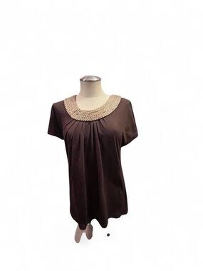 Embellished Neck Brown Women's Top